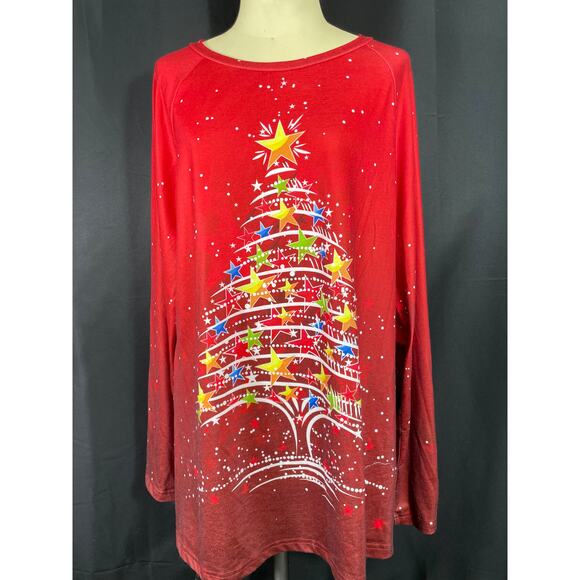 Just Fashions Now, Holiday Long T, Red with Christmas Tree adorned with stars - Picture 3 of 7